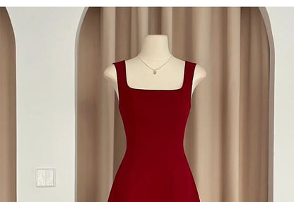 Sleeveless Square Neck Plain A-Line Evening Dress