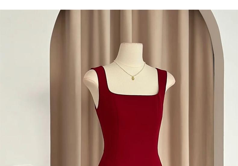 Sleeveless Square Neck Plain A-Line Evening Dress