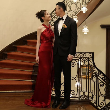 Evening Ruched Sheath Satin Gown Plain Halter