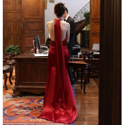 Halter Plain Ruched Satin Sheath Evening Gown