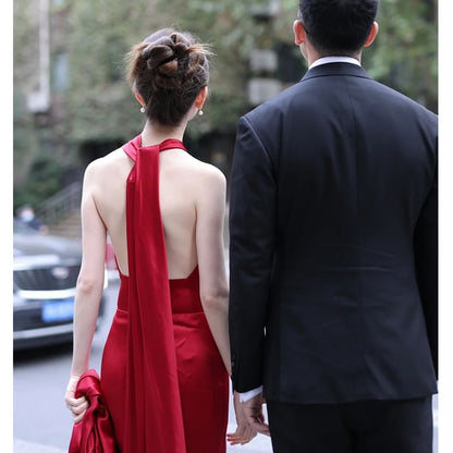 Halter Plain Ruched Satin Sheath Evening Gown