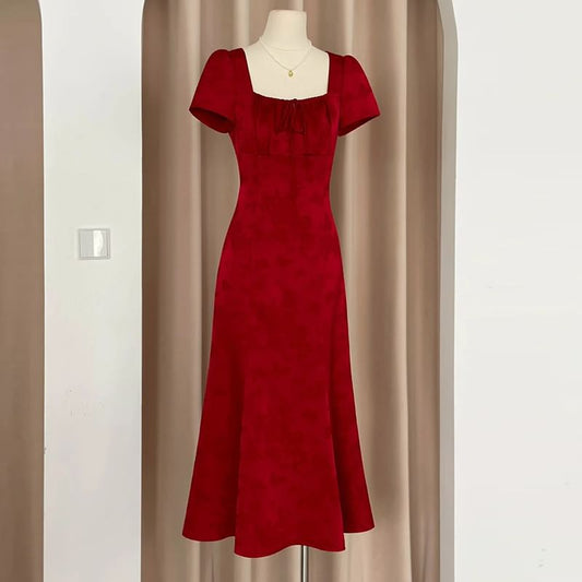 Short Sleeve Square Neck Plain Tie Front A-Line Evening Dress