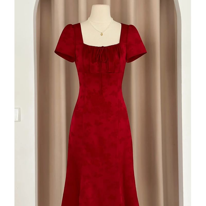 Short Sleeve Square Neck Plain Tie Front A-Line Evening Dress