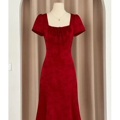 Short Sleeve Square Neck Plain Tie Front A-Line Evening Dress