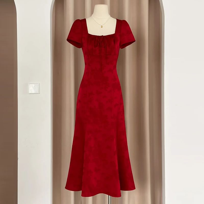 Short Sleeve Square Neck Plain Tie Front A-Line Evening Dress