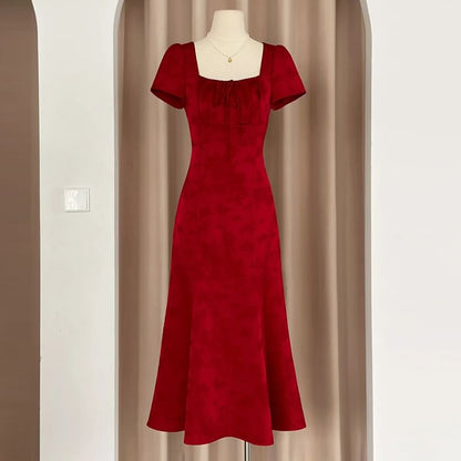 Short Sleeve Square Neck Plain Tie Front A-Line Evening Dress
