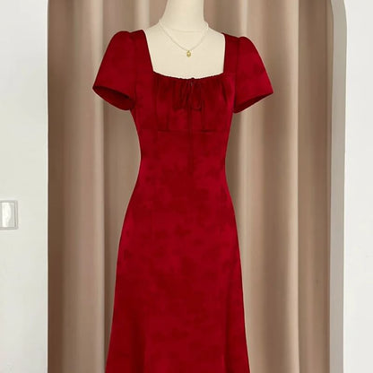 Short Sleeve Square Neck Plain Tie Front A-Line Evening Dress