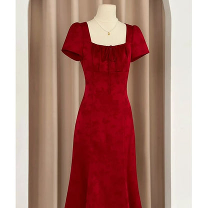 Short Sleeve Square Neck Plain Tie Front A-Line Evening Dress