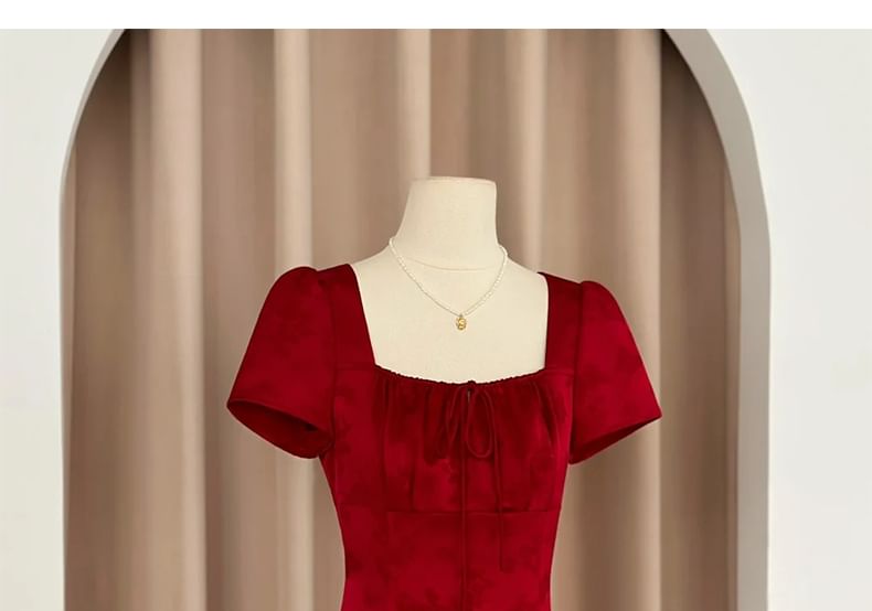 Short Sleeve Square Neck Plain Tie Front A-Line Evening Dress