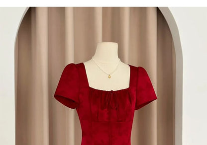 Short Sleeve Square Neck Plain Tie Front A-Line Evening Dress