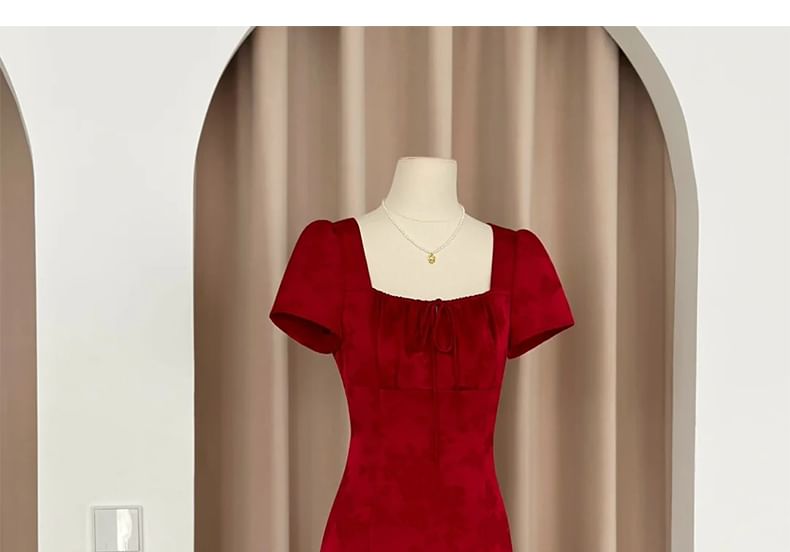 Short Sleeve Square Neck Plain Tie Front A-Line Evening Dress