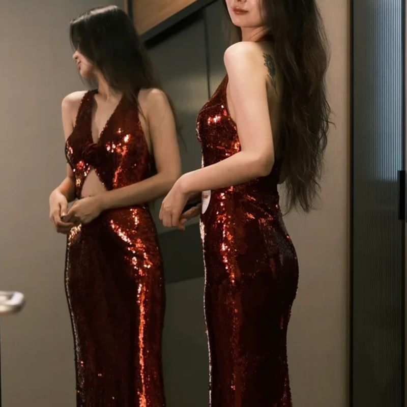 Halter Plain Sequin Cutout Sheath Evening Dress