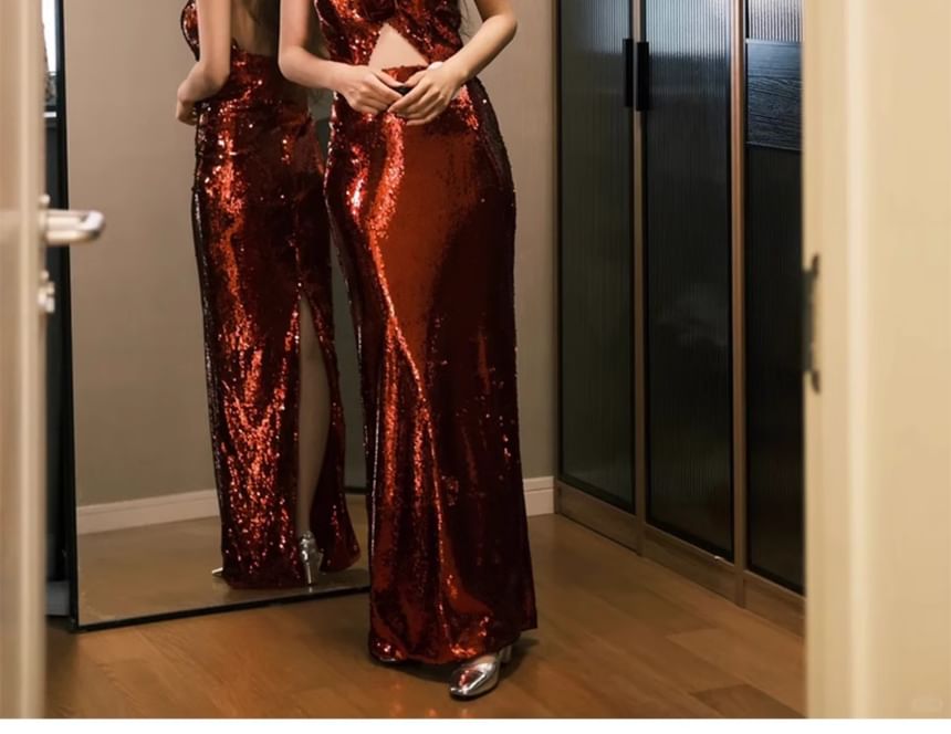 Halter Plain Sequin Cutout Sheath Evening Dress
