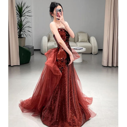Plain Sequin Panel Mesh A-Line Tube Evening Gown