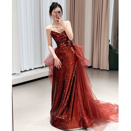 Plain Sequin Panel Mesh A-Line Tube Evening Gown
