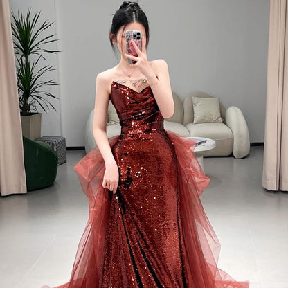 Plain Sequin Panel Mesh A-Line Tube Evening Gown