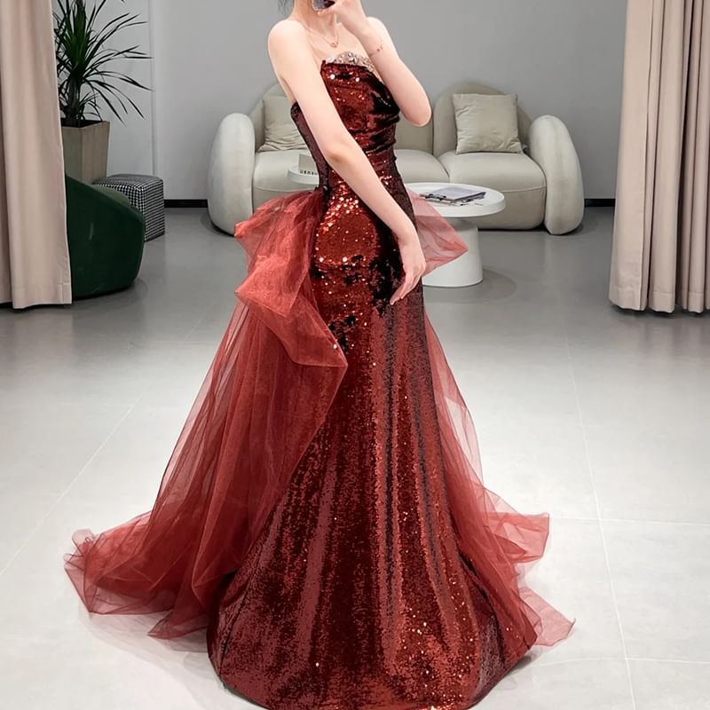 Plain Sequin Panel Mesh A-Line Tube Evening Gown