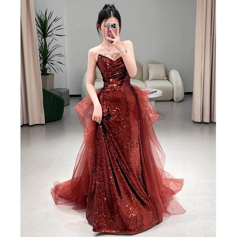Plain Sequin Panel Mesh A-Line Tube Evening Gown