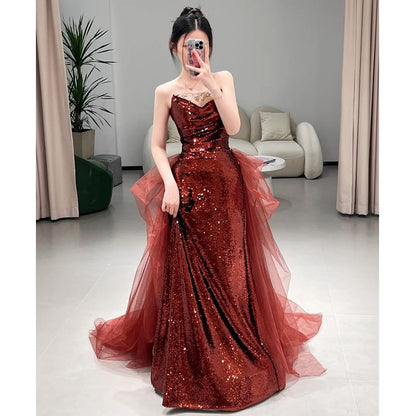 Plain Sequin Panel Mesh A-Line Tube Evening Gown