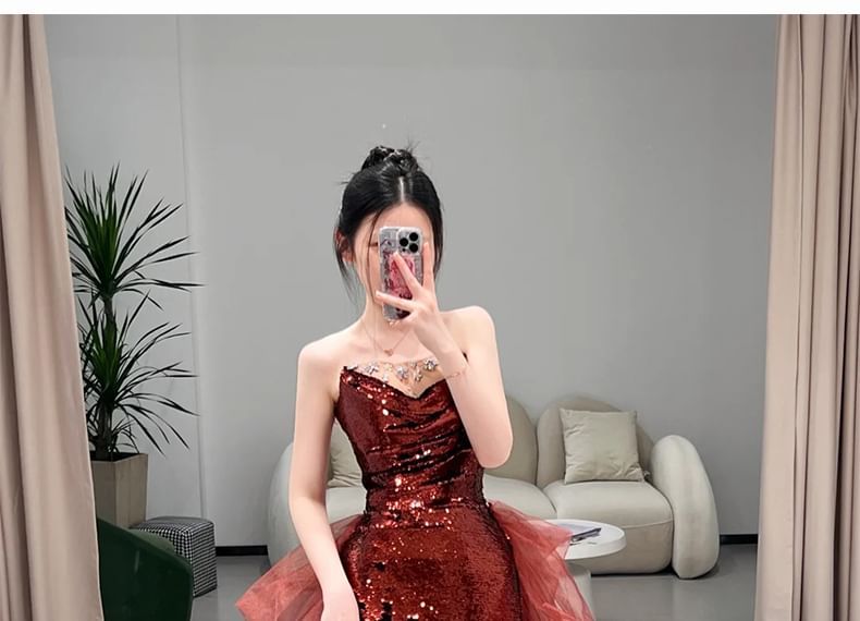 Plain Sequin Panel Mesh A-Line Tube Evening Gown