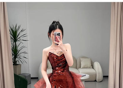 Plain Sequin Panel Mesh A-Line Tube Evening Gown