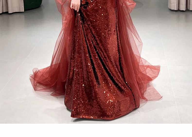 Plain Panel Sequin Tube Gown Mesh A-Line Evening