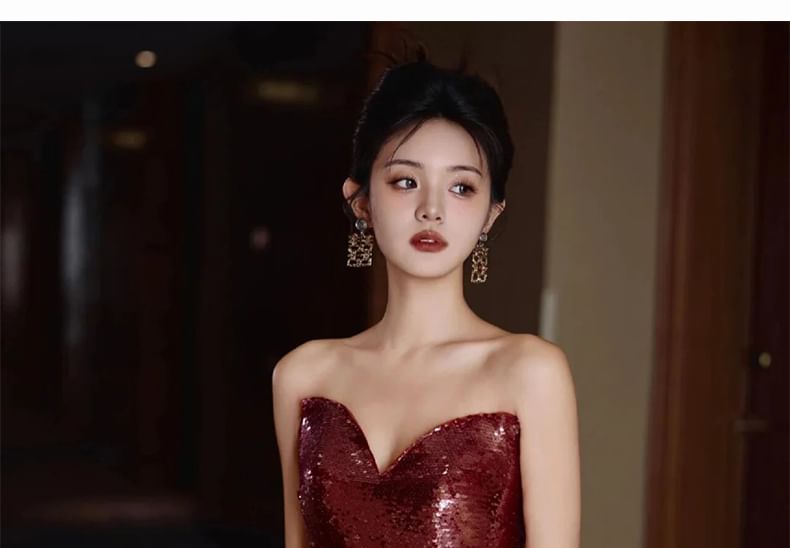 Tube Evening Panel Sheath Mesh Sweetheart Flower Detail Sequin Gown Neck