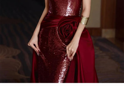 Sweetheart Neck Flower Detail Sequin Panel Mesh Sheath Tube Evening Gown