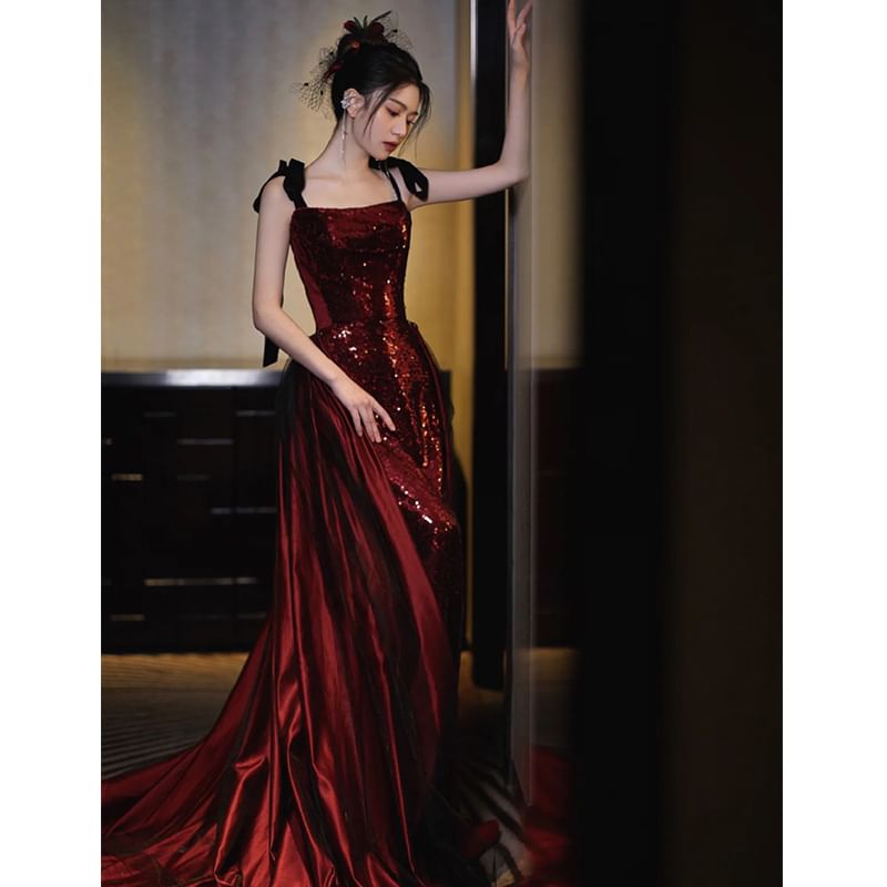 Tie Shoulder Sequin Panel A-Line Evening Gown