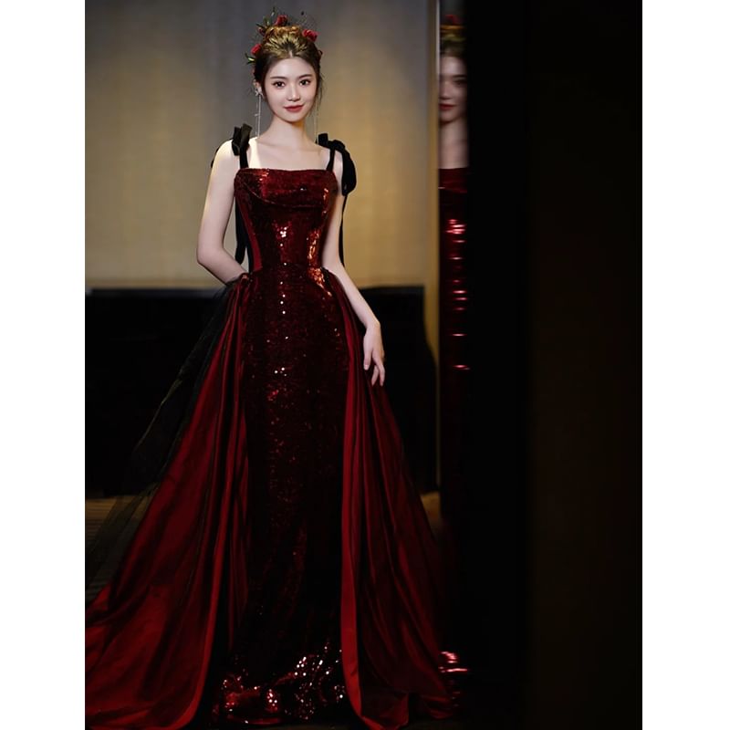 Tie Shoulder Sequin Panel A-Line Evening Gown