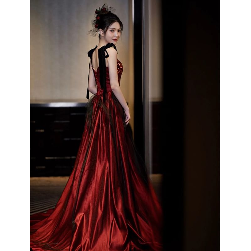 Tie Shoulder Sequin Panel A-Line Evening Gown