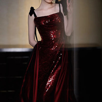 Tie Shoulder Sequin Panel A-Line Evening Gown