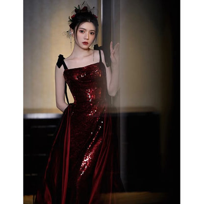 Tie Shoulder Sequin Panel A-Line Evening Gown