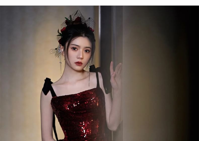 Tie Shoulder Sequin Panel A-Line Evening Gown