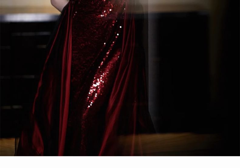 Tie Shoulder Sequin Panel A-Line Evening Gown