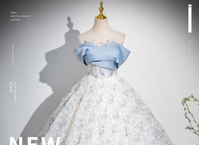 Gown A-Line Floral Print Off-Shoulder Evening