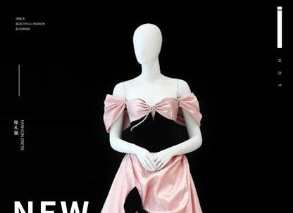 Cold-Shoulder Satin Bow Shirred Evening Gown