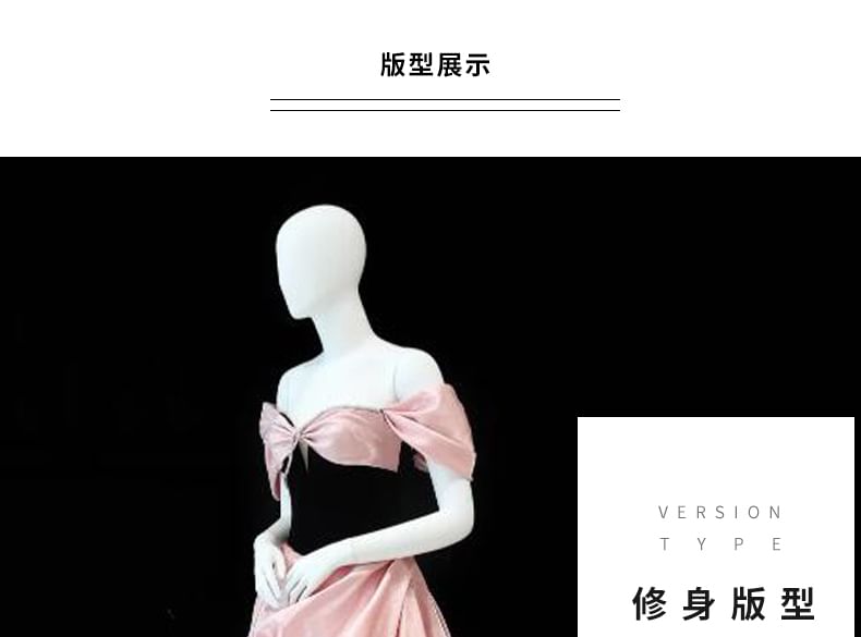 Evening Gown Bow Shirred Satin Cold-Shoulder