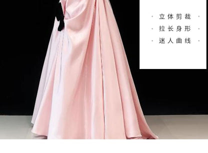 Evening Gown Bow Shirred Satin Cold-Shoulder