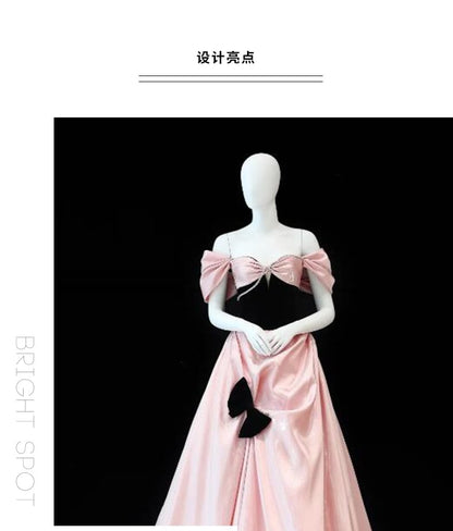 Evening Gown Bow Shirred Satin Cold-Shoulder