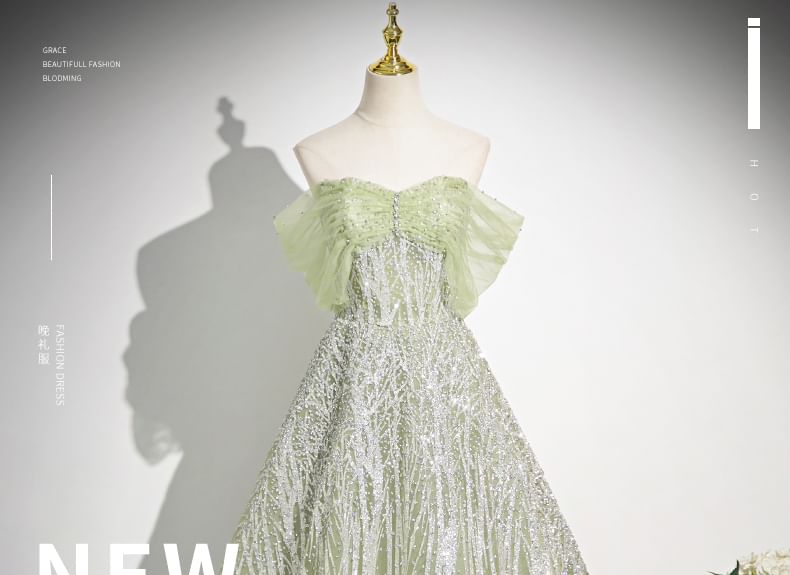 Embroidered Off-Shoulder Evening Gown Floral A-Line