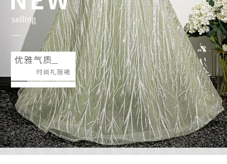 Off-Shoulder Floral Embroidered A-Line Evening Gown