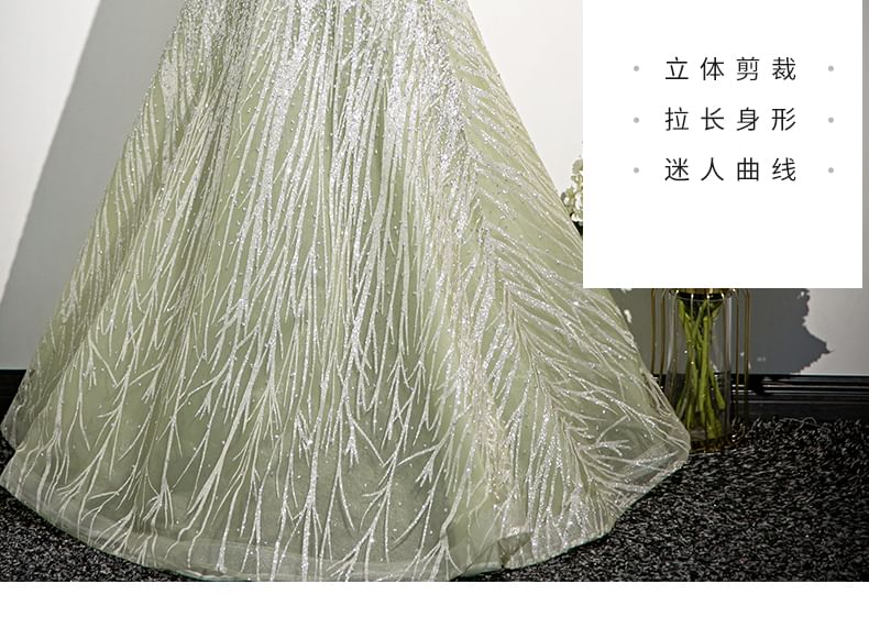 Off-Shoulder Floral Embroidered A-Line Evening Gown