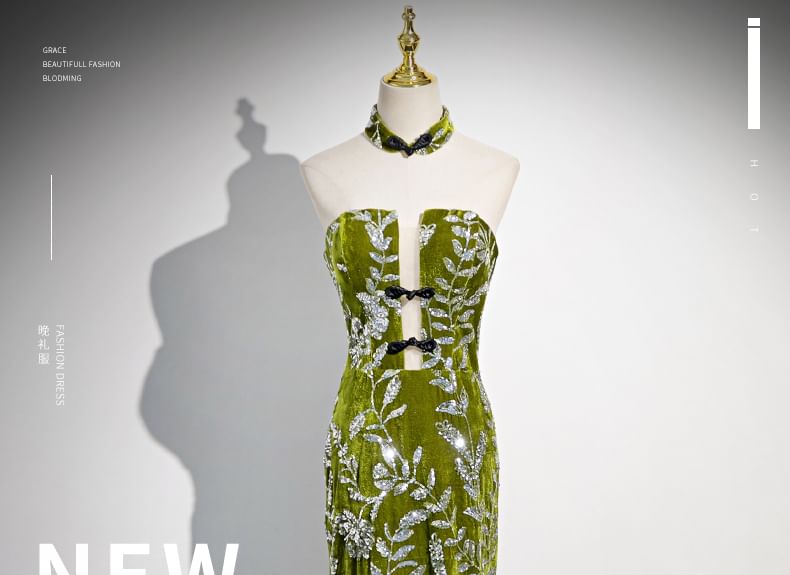 Strapless Floral Print Frog Buttoned Mermaid Evening Gown