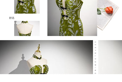 Strapless Floral Print Frog Buttoned Mermaid Evening Gown