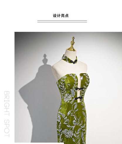 Floral Print Mermaid Buttoned Gown Frog Evening Strapless