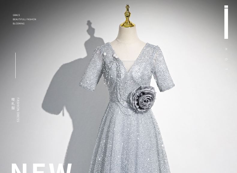 Gown Floral Evening Short-Sleeve Glitter A-Line