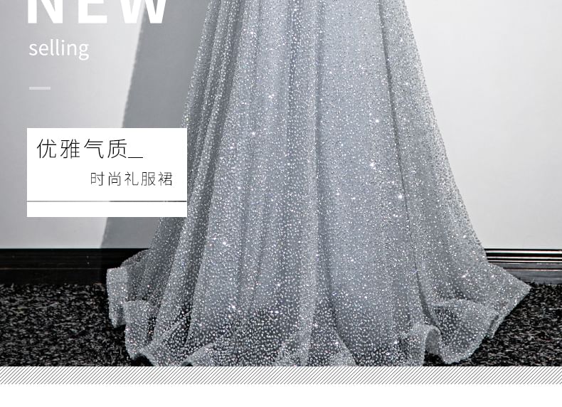 Short-Sleeve Floral Glitter A-Line Evening Gown