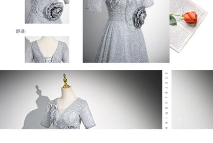 Gown Floral Evening Short-Sleeve Glitter A-Line