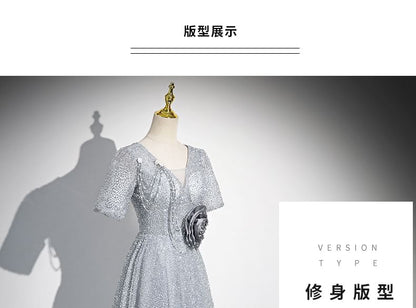 Gown Floral Evening Short-Sleeve Glitter A-Line